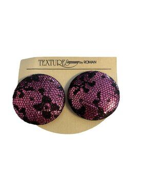 Vintage Textures by Roman Clip On Earrings Pink Black Textured Dome 1.5 Inch